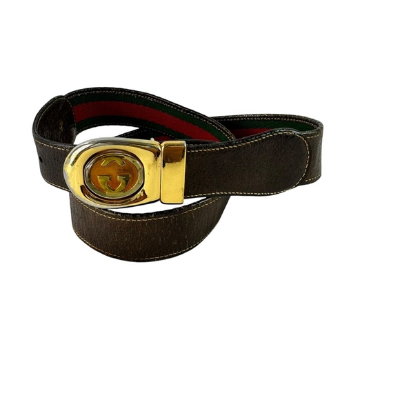 Genuine Vintage GUCCI Reversible Red Green Stripes Brown Leather GG belt 30 main image 7